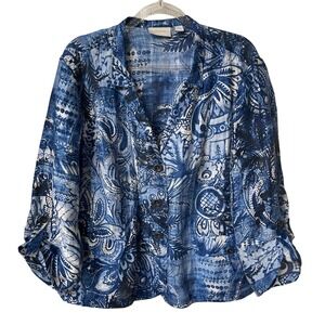 Chico's‎ Blue Boho Linen Blend Paisley Button Shirt Resort Wear Oversized 3 XL